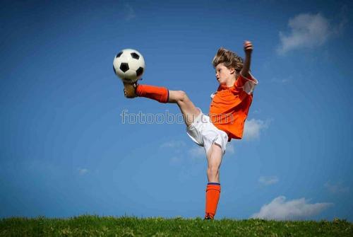 природа, небо, мальчик, мяч, футбол