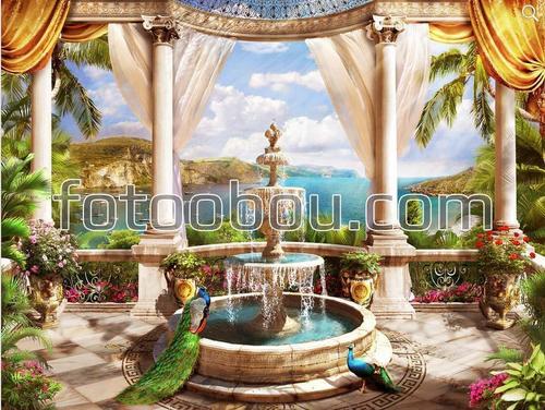 сад, фонтан, павлины, терраса, колонны