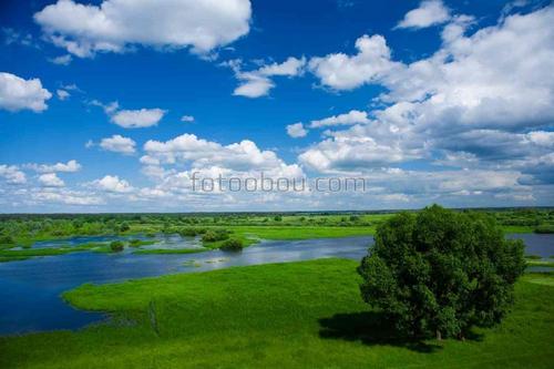 природа, небо, облака, поле, трава, река