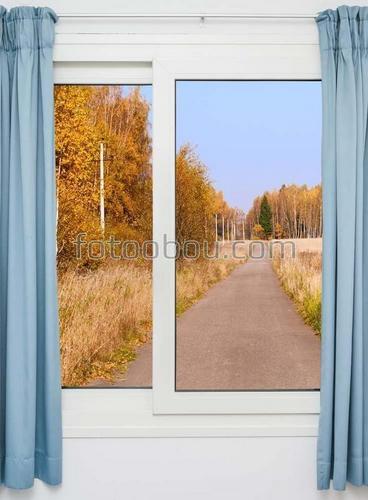природа, окно, дорога, осень, занавески
