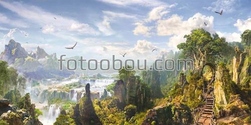 птицы ,орел ,небо ,облака ,горы ,водопад ,дерево ,лестница