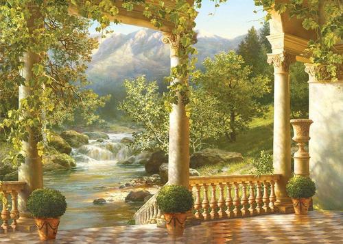 колонны, терраса, река, горы, лес, природа