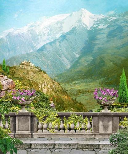 терраса, горы, замок, цветы