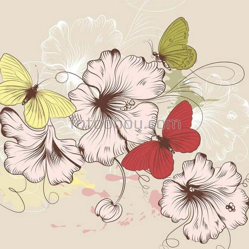 цветы, бабочки, зеленый, желтый, красный, белый