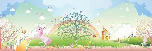 пони, радуга, дерево, дом, забор, розовый, цветы, белый, разноцветный