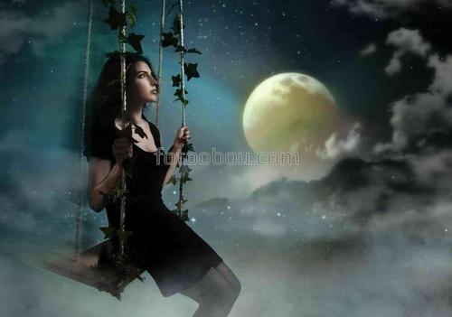 ночь, облака, девушка, качели, природа, луна