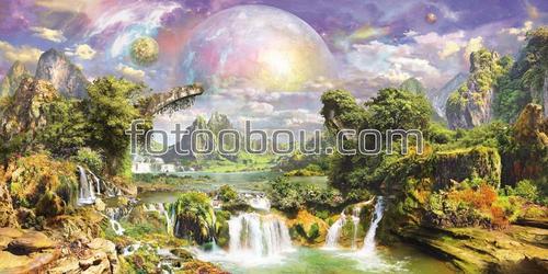 водопад ,планета ,скалы ,небо , космос