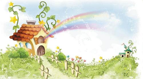 дом,радуга, трава, цветы, забор