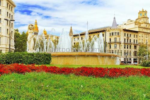 каталония, трава, газон, цветы, фонтан, скульптура, архитектура