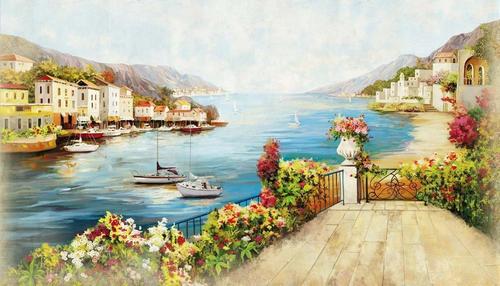 набережная, море, корабли, терраса, цветы, горы, природа