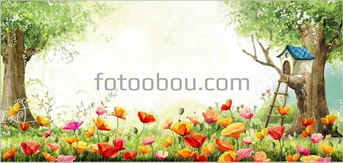 поле, маки, цветы, скворечник, живопись, для детей