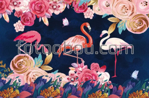 фламинго, цветы, пионы, розы, живопись, дизайнерские, фреска, на стену, стена, 3д, 3d