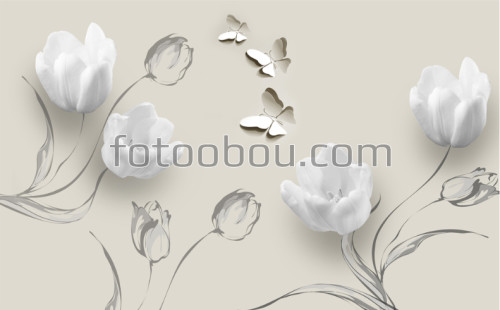 белые тюльпаны, тюльпан, 3д, 3d, бабочки, бабочка