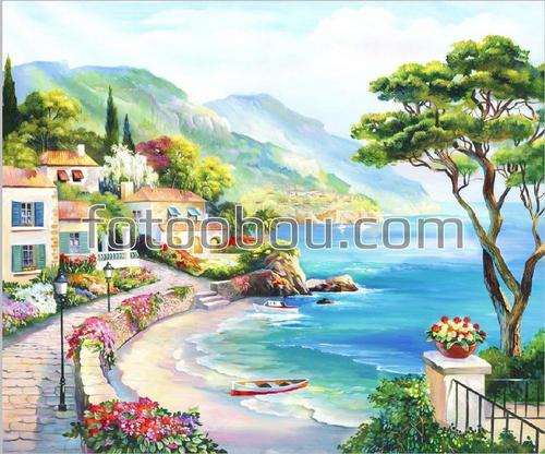 дерево ,море ,лодка ,цветы ,набережная ,горы ,волны ,пляж 