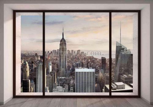 высотки, дома ,манхеттан ,город ,голубое небо ,окно ,рама, море, океан