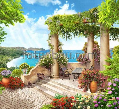 терраса, арки, море, цветы, беседка, лето