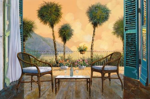 терраса, столик, море, горы, природа