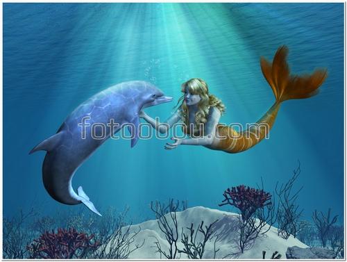 дельфин, русалка, подводный мир, вода, дно, 