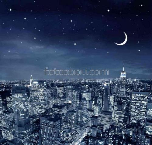Звездный, город, ночь, дома, месяц