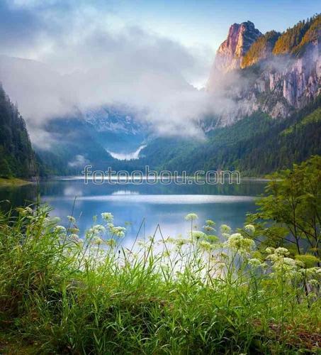 природа, горы, туман, озеро, облака