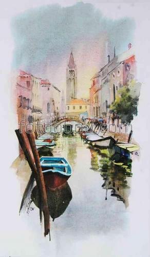 венеция, канал, лодки, старый город, картина