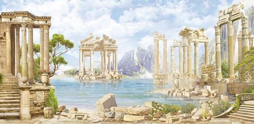 рим, руины, колонны, море, горы, античность