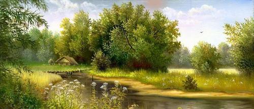 дом, деревья, речка, мостик, трава, небо