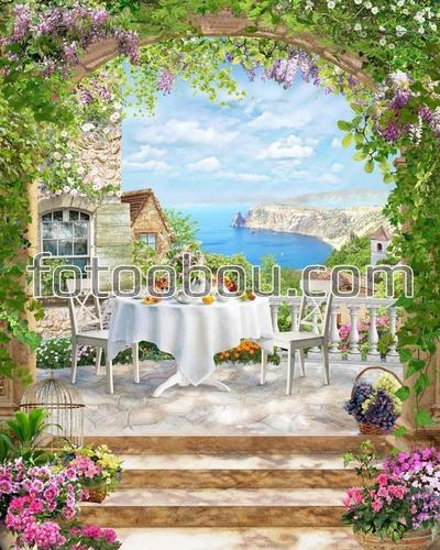 арка, сад, терраса, столик, природа