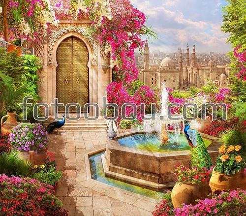 дворец, восток, сад, фонтан, павлины, цветы