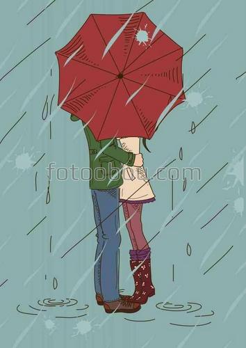 любовь, пара, дождь, зонтик, ливень