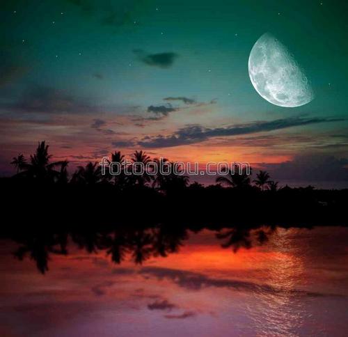 природа, луна, море, вода, небо, облака