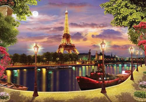 Париж, Франция, набережная, фонари, эйфелева башня, луна, яхты, лодки, цветы, клумбы, река Сена