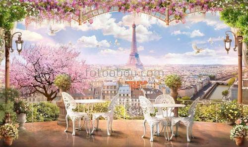 Париж ,балкон ,стол ,стулья , облака ,цветы ,дерево