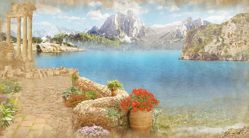 море, горы, терраса, природа, колонны, античность