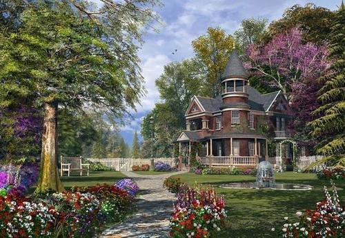 домик, тропа, цветы, лес, фонтан