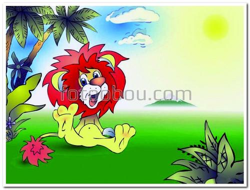 мультфильм, тигренок, солнце, небо, трава, пальмы, для детей