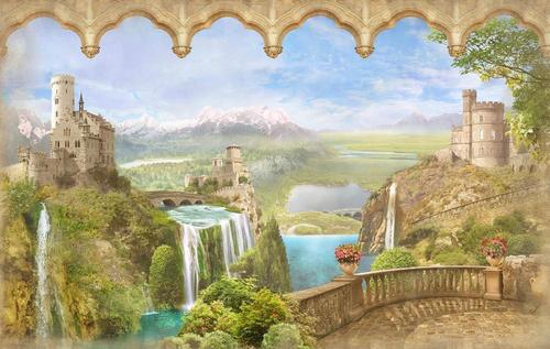 замок, крепость, природа, водопады, озера, терраса, горы