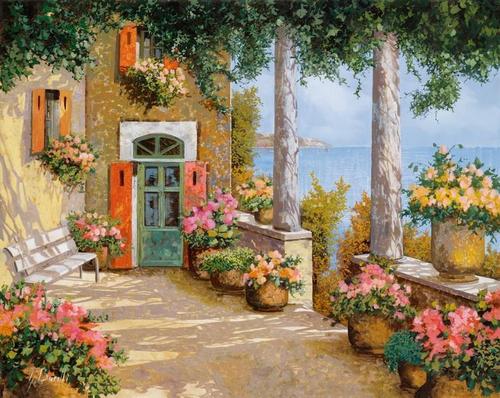 колоны, дворик, терраса, море, цветы