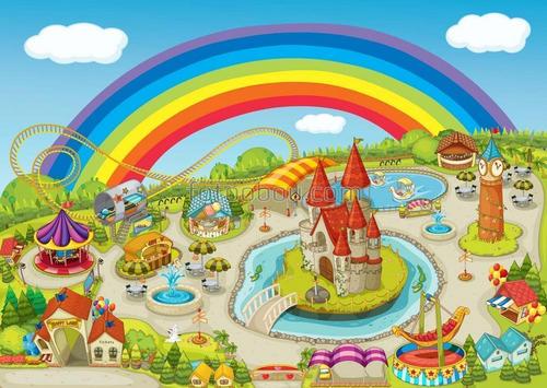 карусели, башня, часы, замок, озеро, басейн, радуга, детские