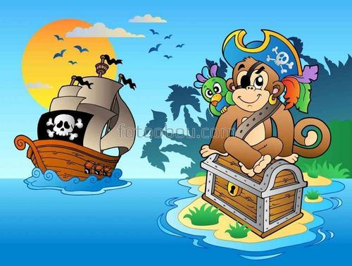 пираты, корабль, остров, сундук, обезьяна, море