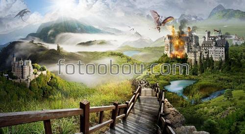 замок ,лестница ,дракон ,озеро ,небо ,облака,огонь ,горы