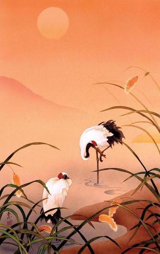 цапли, озеро, камыш, рисунок, живопись