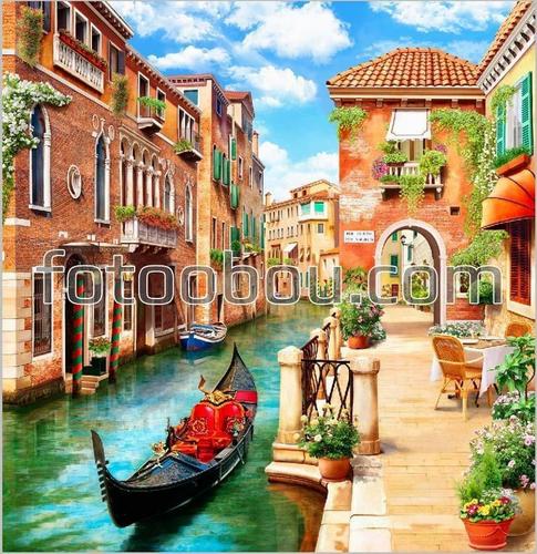 Гондола, Венеция, цветы, арка, кафе, набережная, Италия