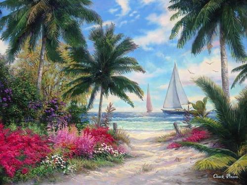 пляж, парусник, джунгли, природа, море