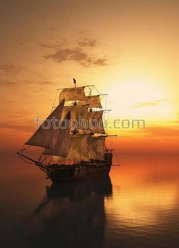 закат, корабль, парусник, море