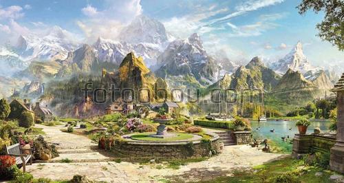 горы, речка, озеро, парусник, корабли, утки, аллея