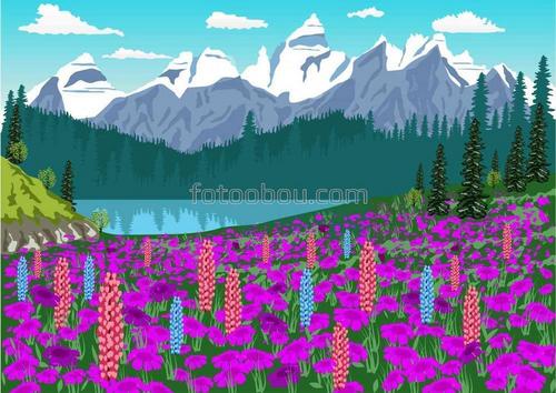 природа, поле, цветы, горы, озеро, лес