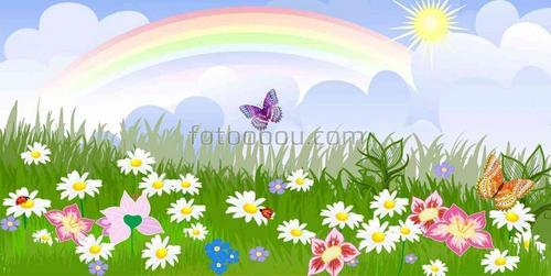 детские, поле, природа, радуга, облака, солнце, цветы, бабочка