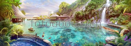 водопад ,океан ,бассейн ,пальмы ,рыбы ,лодка