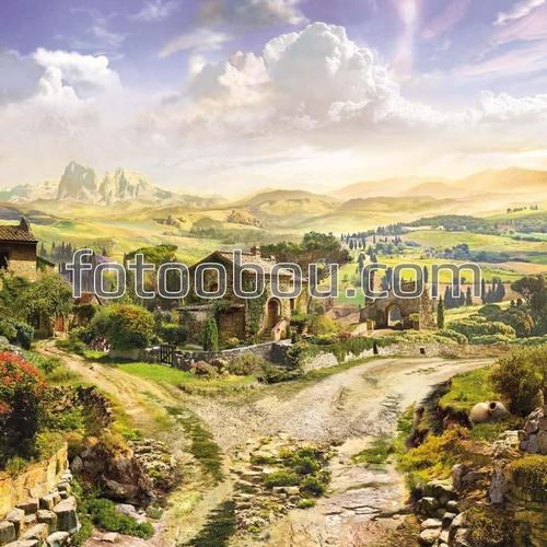 деревня ,дорога ,горы , дом , небо ,облака